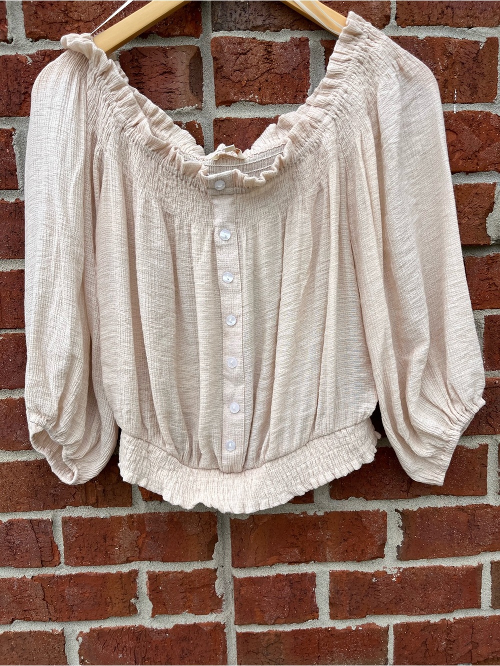 Cream Off-Shoulder Smocked Button-Front Blouse